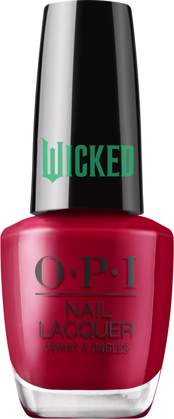 Produto de esmalte de unhas OPI da linha Wicked. Frasco de vidro transparente com tampa preta. O esmalte tem uma cor vermelha intensa. O rótulo exibe o logotipo OPI em letras pretas, com o nome "Wicked" em verde na tampa.