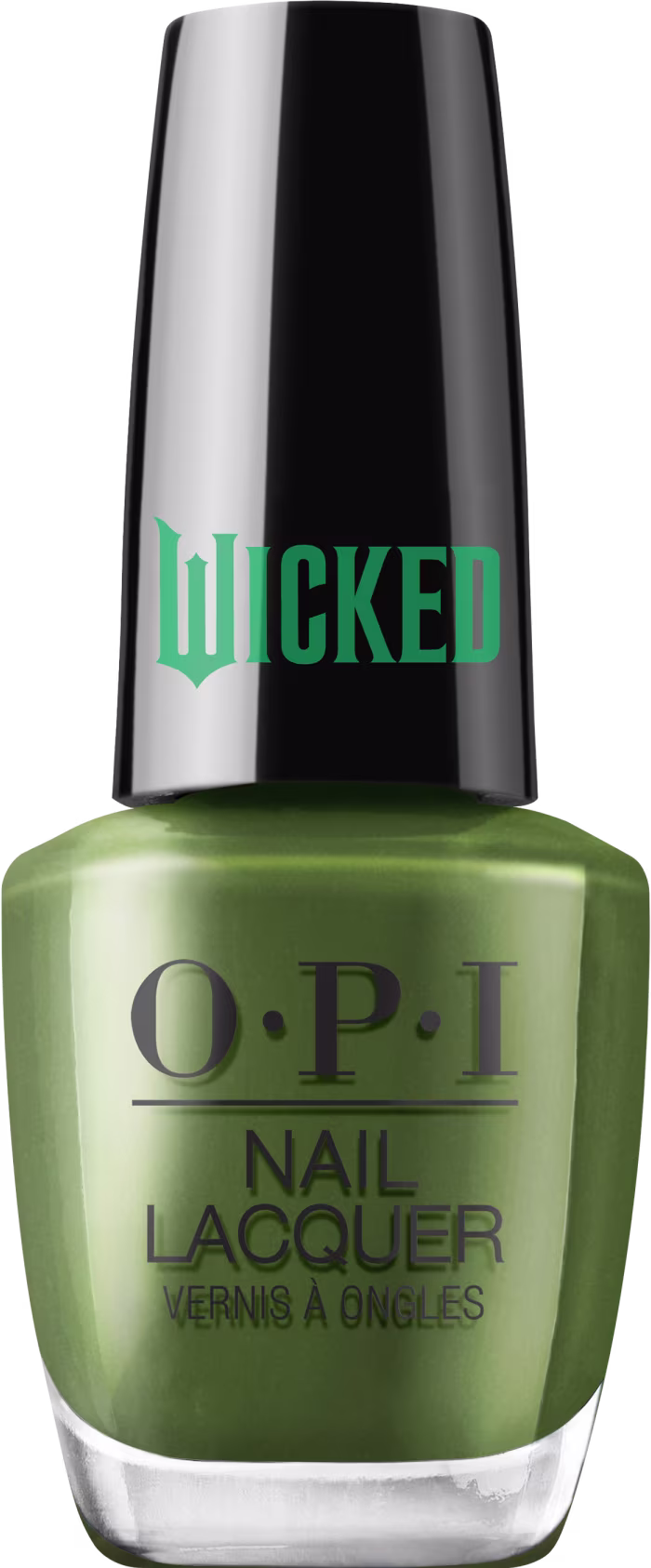 Produto de esmalte de unhas OPI da linha Wicked. Frasco de vidro transparente com tampa preta. O esmalte tem uma cor verde escuro intenso. O rótulo exibe o logotipo OPI em letras pretas, com o nome "Wicked" em verde na tampa.