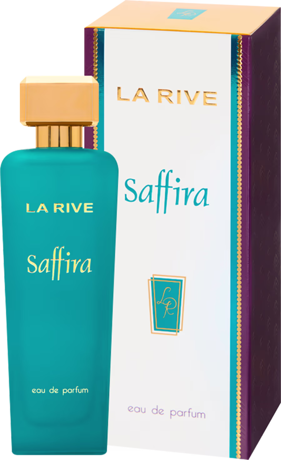 Perfume La Rive Saffira em frasco retangular de vidro azul turquesa. Tampa dourada quadrada no topo. Rótulo com o nome do perfume "Saffira" e da marca "La Rive" em letras brancas. Indicação "eau de parfum" na parte inferior do frasco.