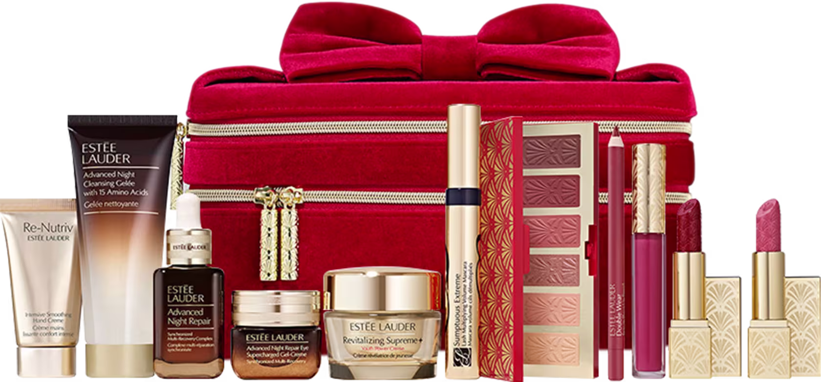 Uma variedade de produtos de beleza da marca Estée Lauder. Há frascos e embalagens de cosméticos e skincare, incluindo cremes, séruns, paleta de sombras, batons, gloss labial, delineador labial e máscara de cílios. Ao fundo um estojo de tecido vermelho.