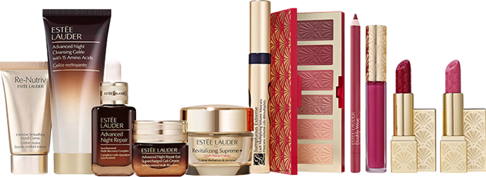 A imagem mostra uma variedade de produtos de beleza da marca Estée Lauder. Há frascos e embalagens de cosméticos e skincare, incluindo cremes, séruns, paleta de sombras, batons, gloss labial, delineador labial e máscara de cílios.