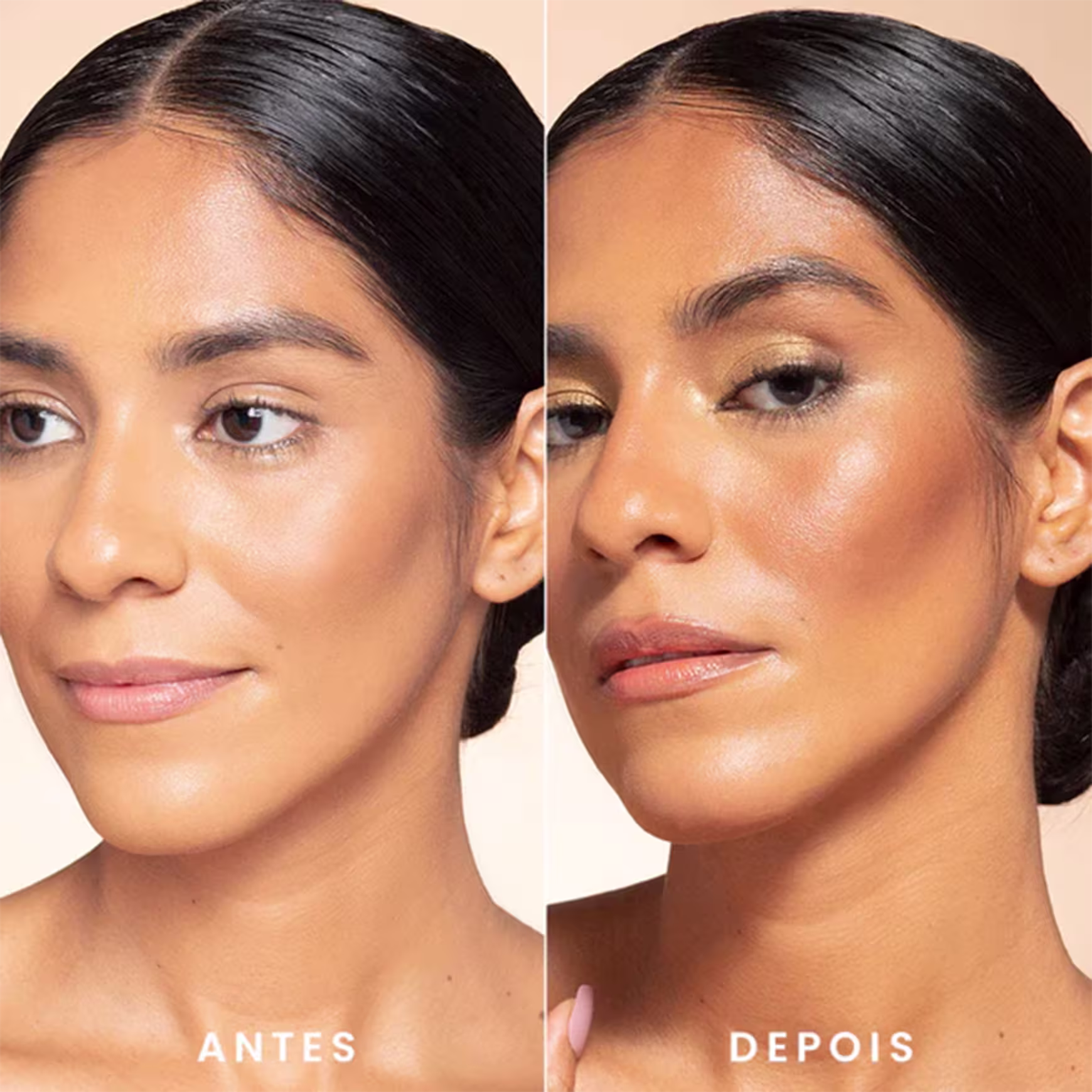 A imagem mostra um antes e depois de uma modelo usando o bronzer.