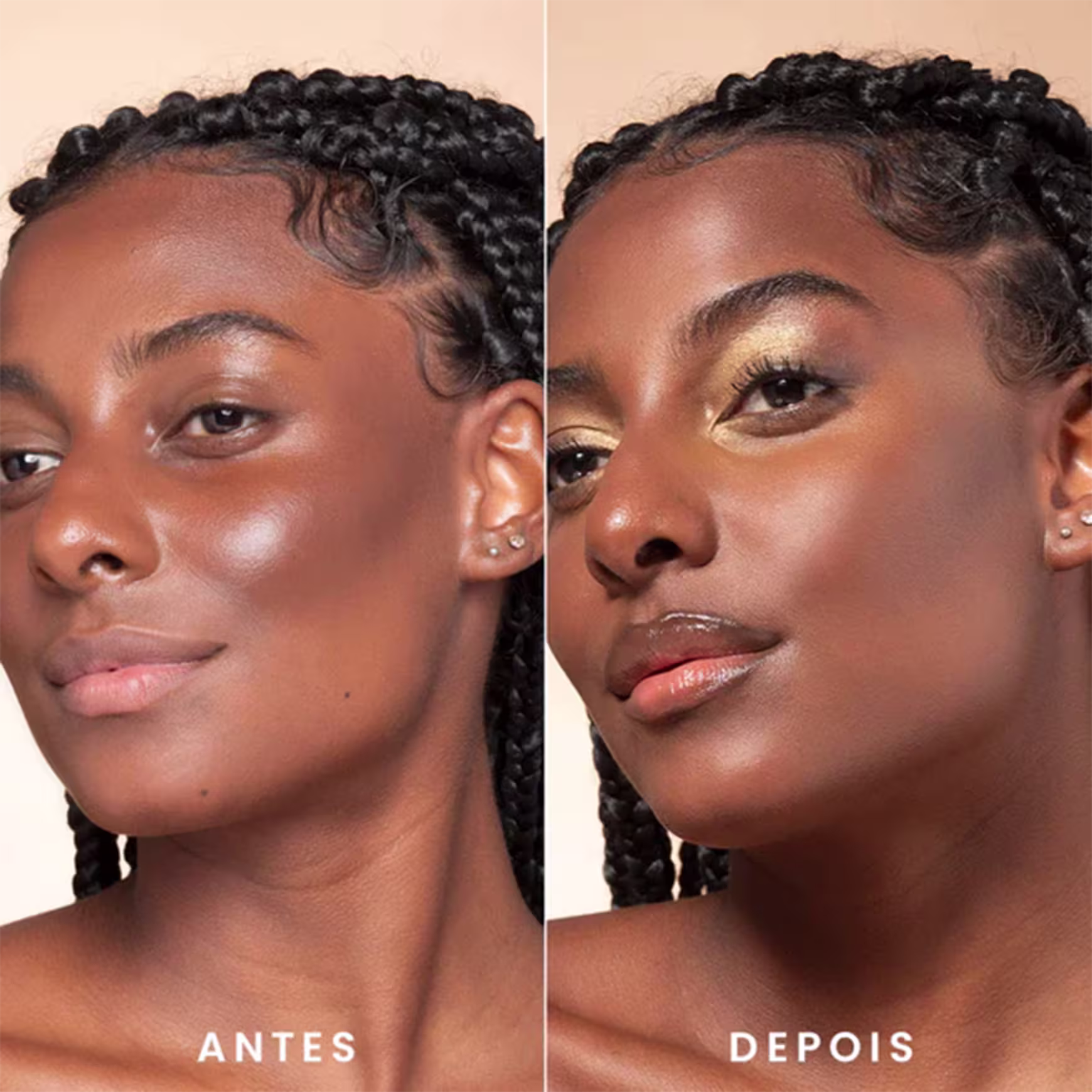 A imagem mostra um antes e depois de uma modelo usando o bronzer.