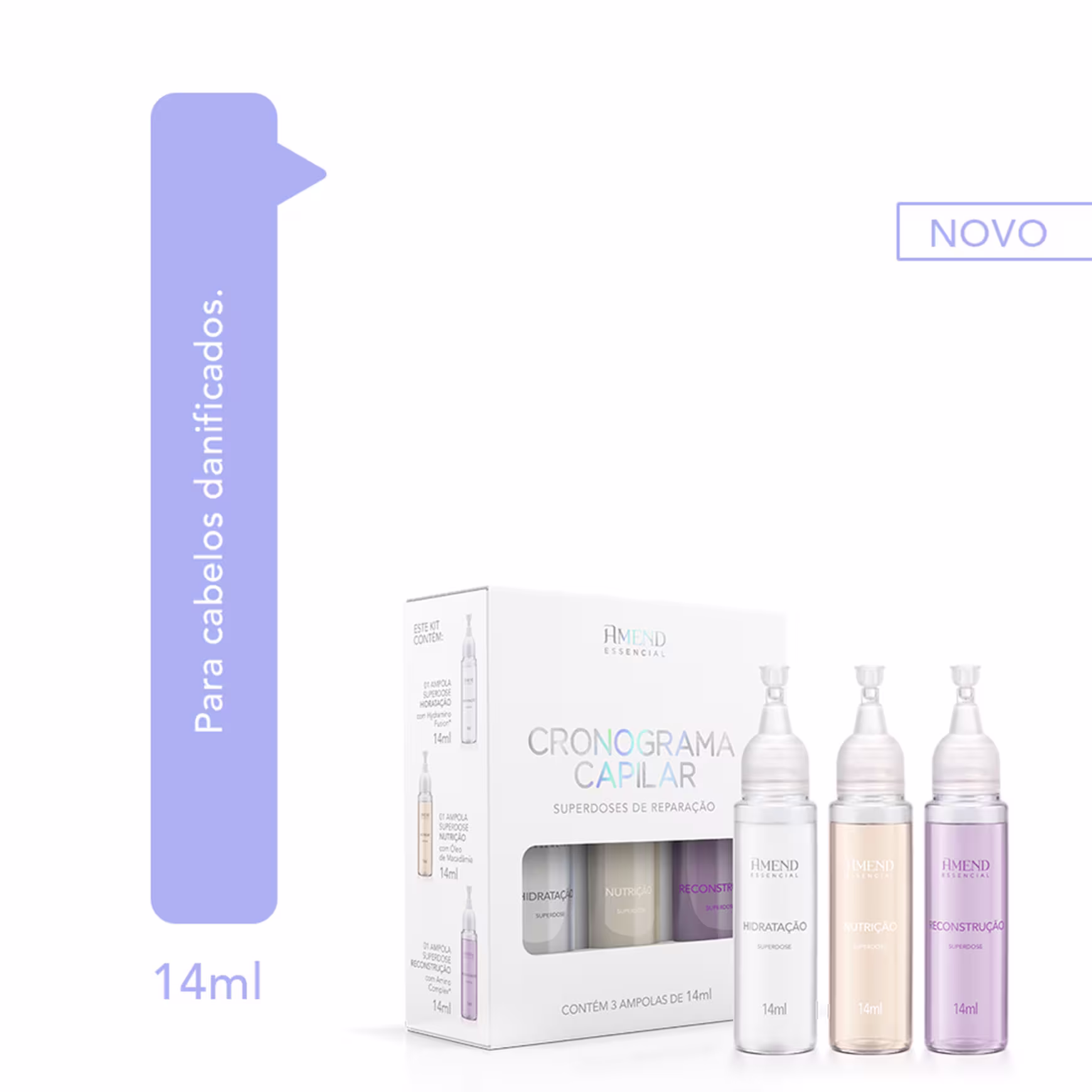 Amend Cosméticos Essencial Cronograma Capilar Superdoses de Reparação 3 ampolas de 14ml.