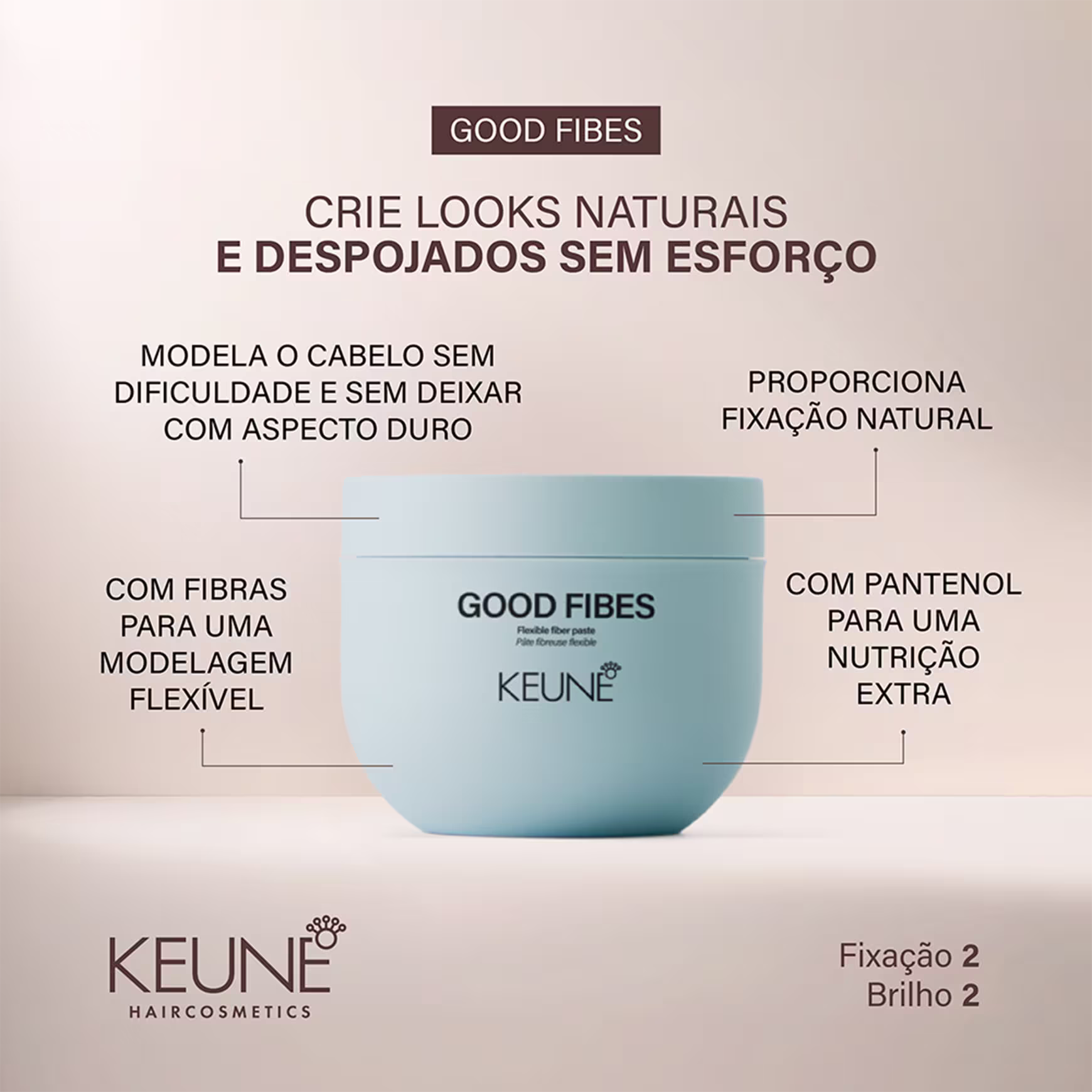 A imagem mostra o produto Good Fines da marca Keune e texto ao redor: com fibra para modelagem flexível, modela o cabelo sem deixá-lo com aspecto duro, proporciona fixação natural, com pantenol para nutrição extra.