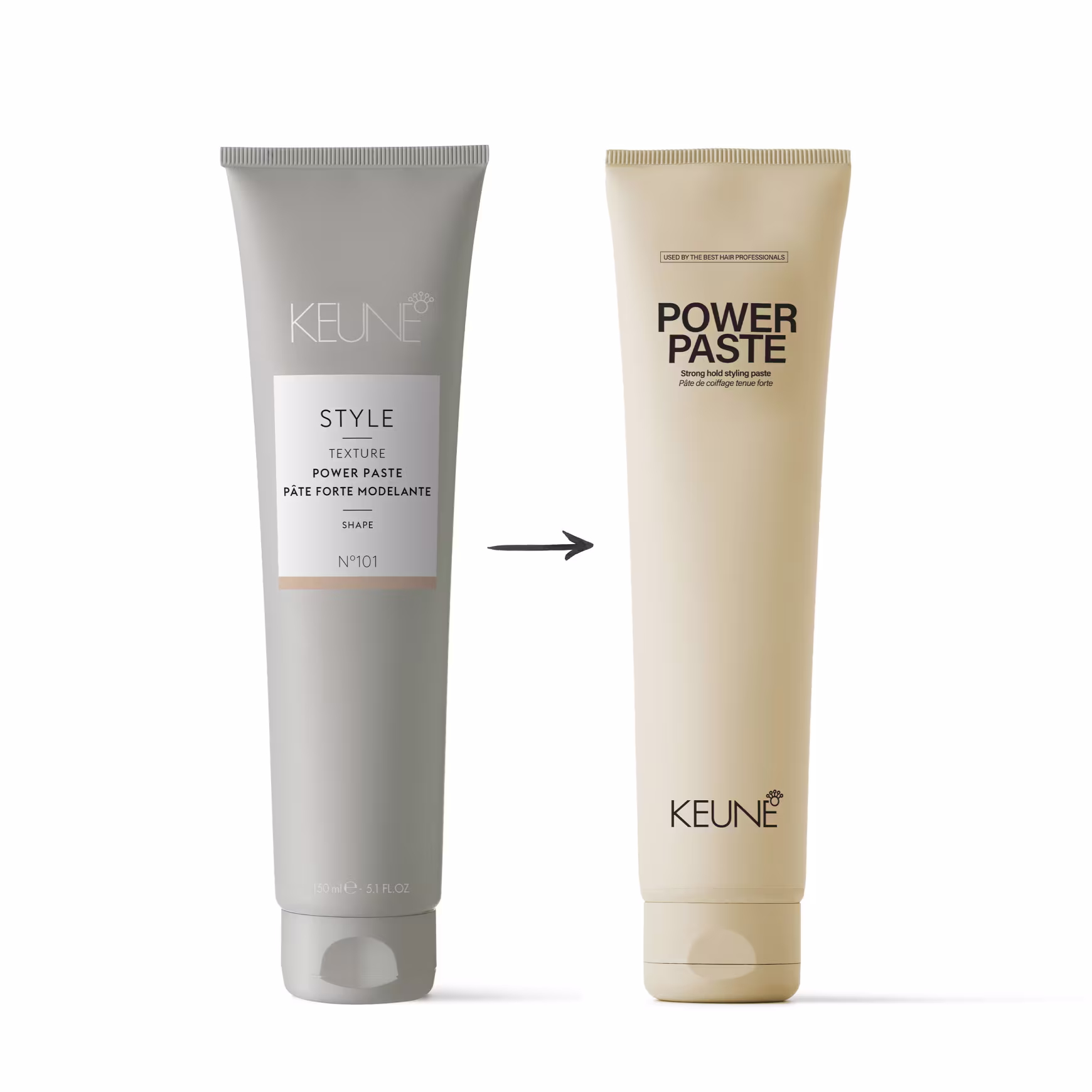A imagem mostra dois produtos da marca Keune: à esquerda o "Style Texture Power Paste" e à direita o "Power Paste". Uma seta entre eles indica que o produto à esquerda é substituído para o produto à direita.