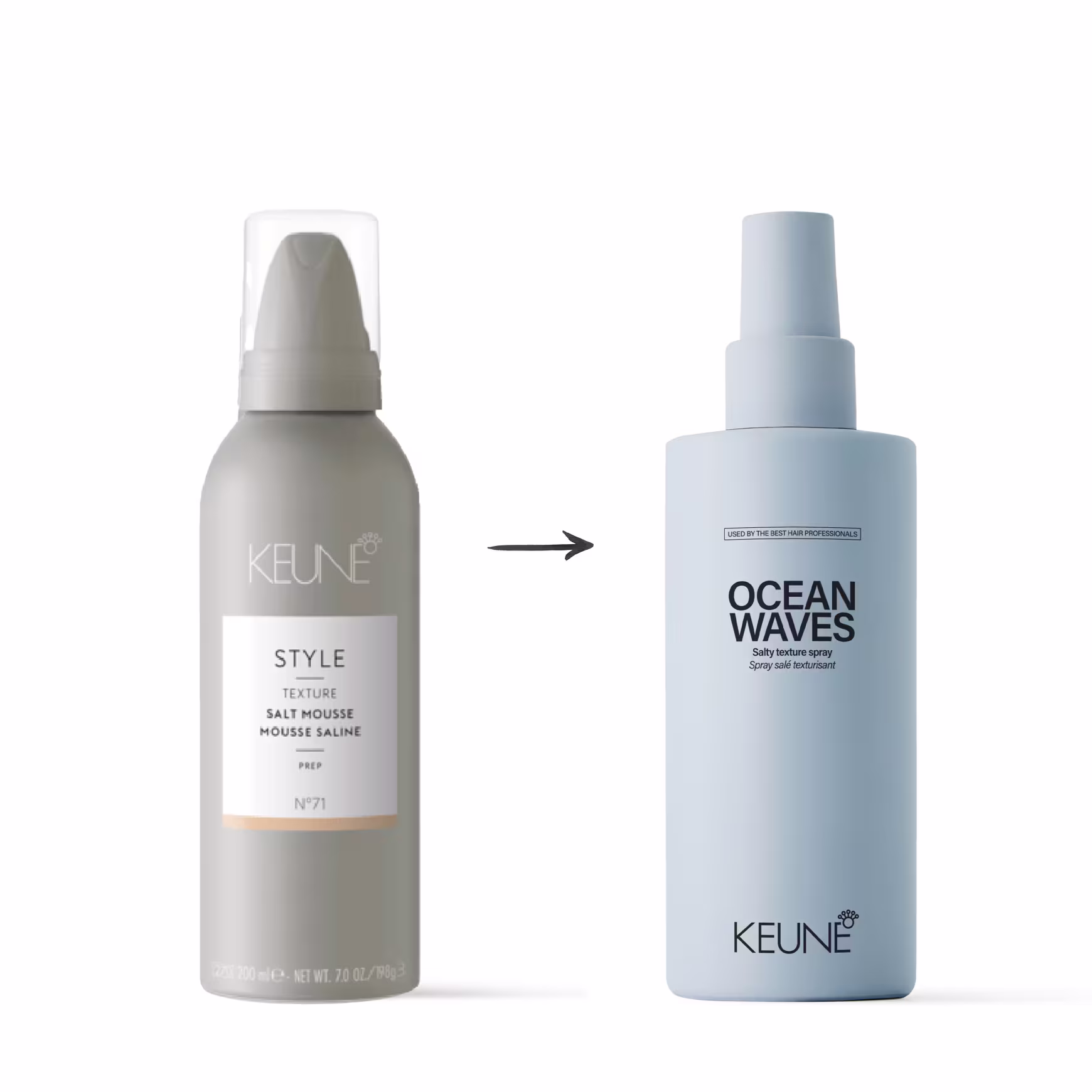 Dois produtos da marca Keune são mostrados:  À esquerda, o "Style Texture Salt Mousse". À direita, o "Ocean Waves Salty texture spray". Uma seta entre eles indica que o produto à esquerda é substituído para o produto à direita.