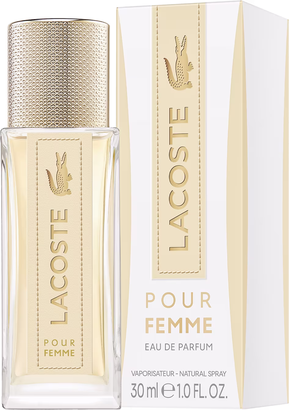 Perfume feminino Lacoste Pour Femme. Frasco retangular transparente contendo líquido bege claro. Tampa cilíndrica texturizada na cor bege.