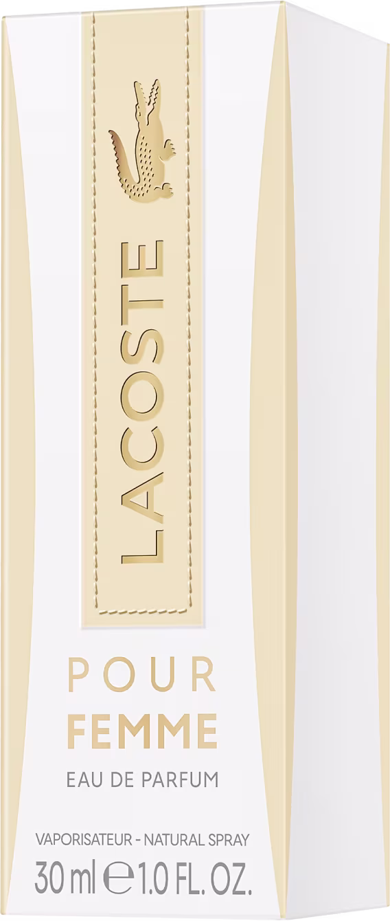 Perfume feminino Lacoste Pour Femme. Frasco retangular transparente contendo líquido bege claro. Tampa cilíndrica texturizada na cor bege.