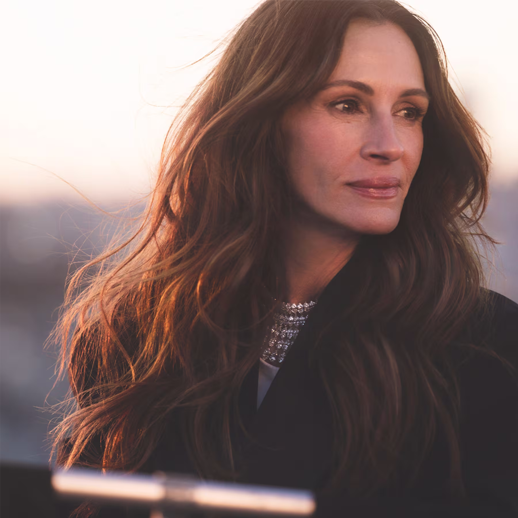 A imagem mostra a atriz Sandra Bullock com cabelos longos e ondulados, iluminada pela luz do sol. Ela usa um casaco escuro e um colar com pedras brilhantes. Seu rosto está em destaque, com uma expressão serena e olhar distante.