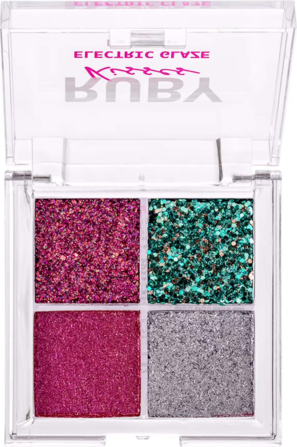 Paleta de Sombras Ruby Kisses Electric Glaze Fuchsia com tons rosados.