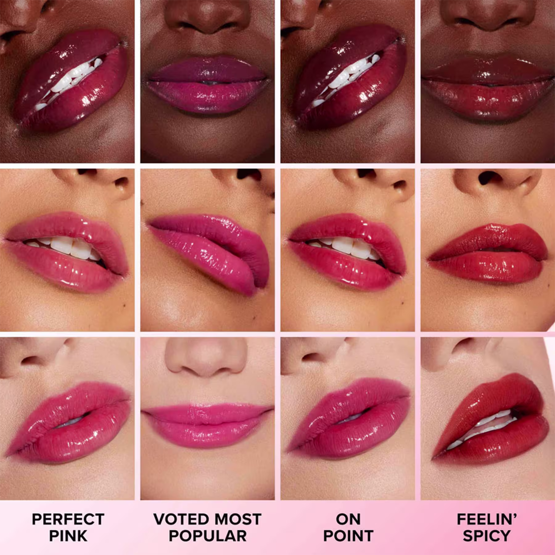 A imagem mostra o resultado de cor do gloss labial nas tonalidades "Perfect Pink", "Voted Most Popular", "On Point" e "Feelin' Spicy".