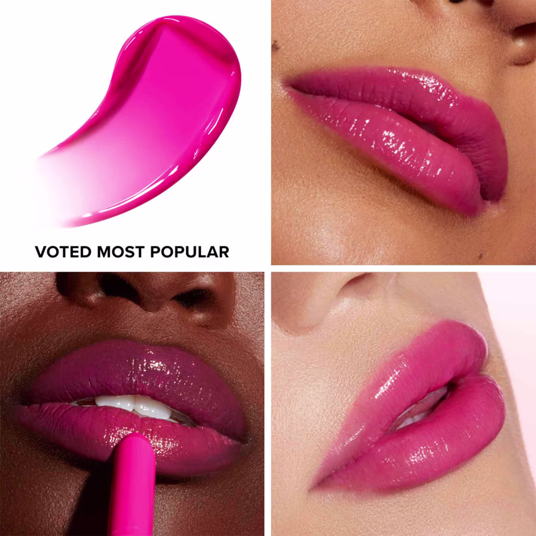 As imagens mostram o resultado da cor do Gloss Labial Too Faced Lip Injection Extreme Plumping Clicks Voted Most Popular em diferentes tons de lábios.