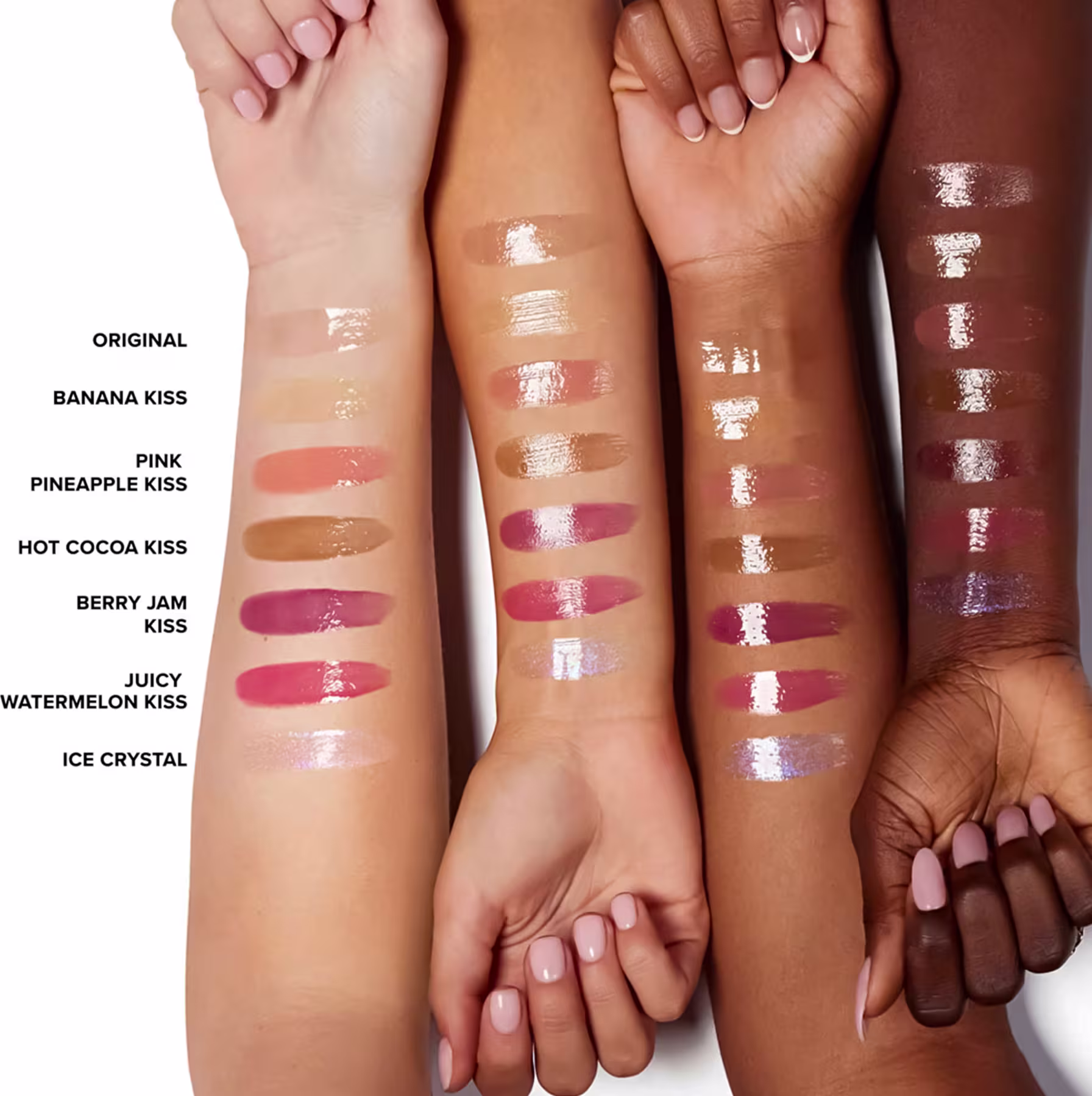 Amostra das 7 cores do Hidratante Labial Too Faced Pillow Balm