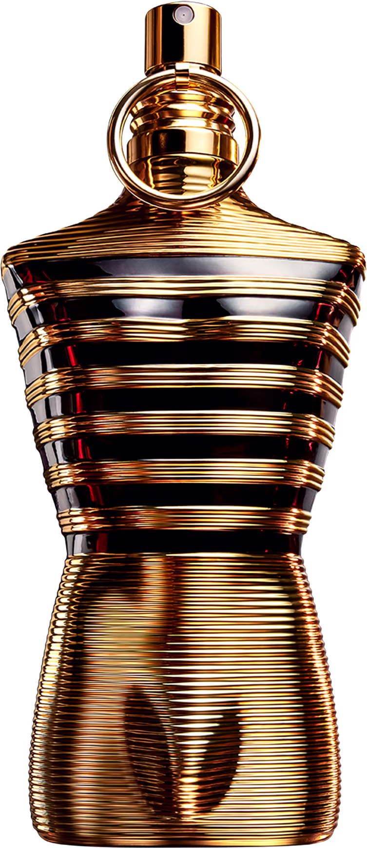 O frasco possui um design distintivo, com uma forma cilíndrica e listras douradas e pretas que se enrolam em torno do corpo. O topo do frasco é arredondado e dourado, com um pequeno bico pulverizador.