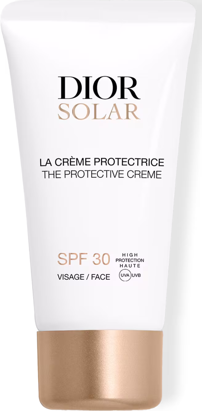 A embalagem é um tubo branco com detalhes em dourado e o logotipo da Dior e o nome do produto em destaque. O tubo também exibe informações sobre o fator de proteção solar (SPF 30) e que se trata de um protetor solar.