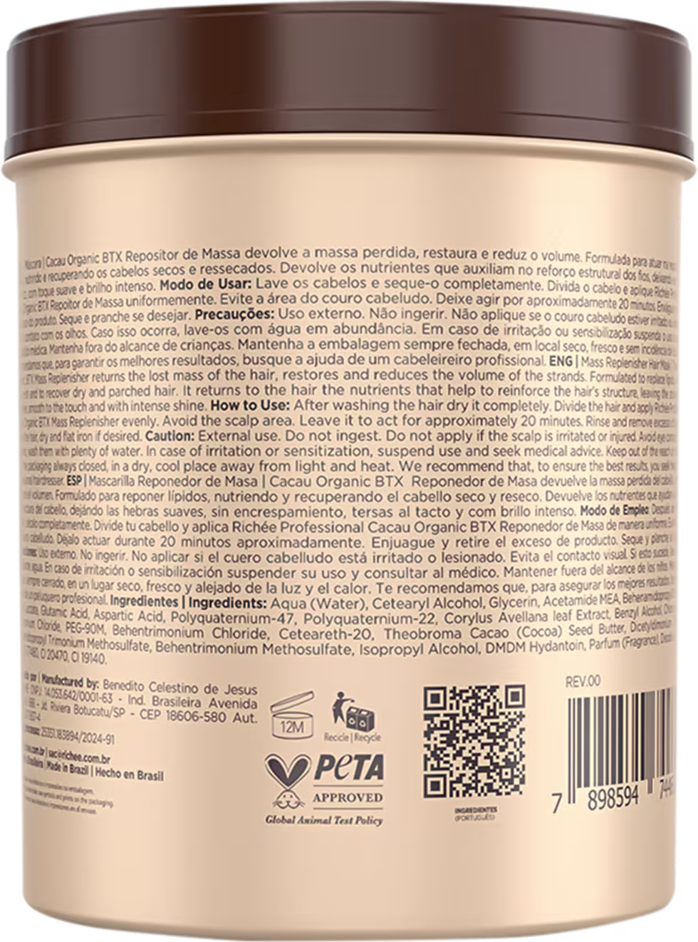 Repositor de Massa Capilar Richée Professional Cacau Organic Btx, 1kg.