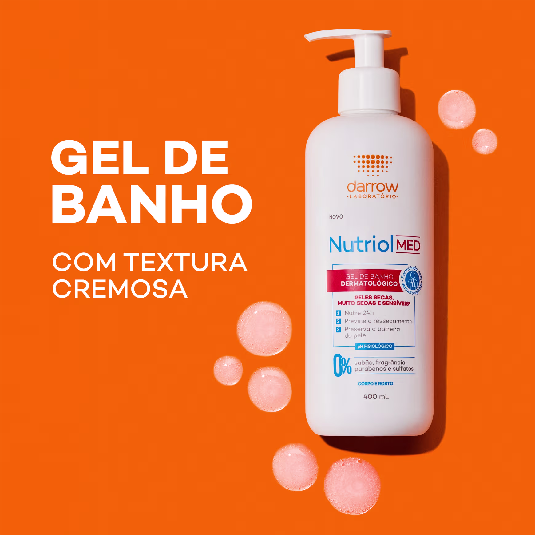 O texto no rótulo destaca que o produto é indicado para peles secas e muito secas e sensíveis, com propriedades de nutrir, prevenir o ressecamento.