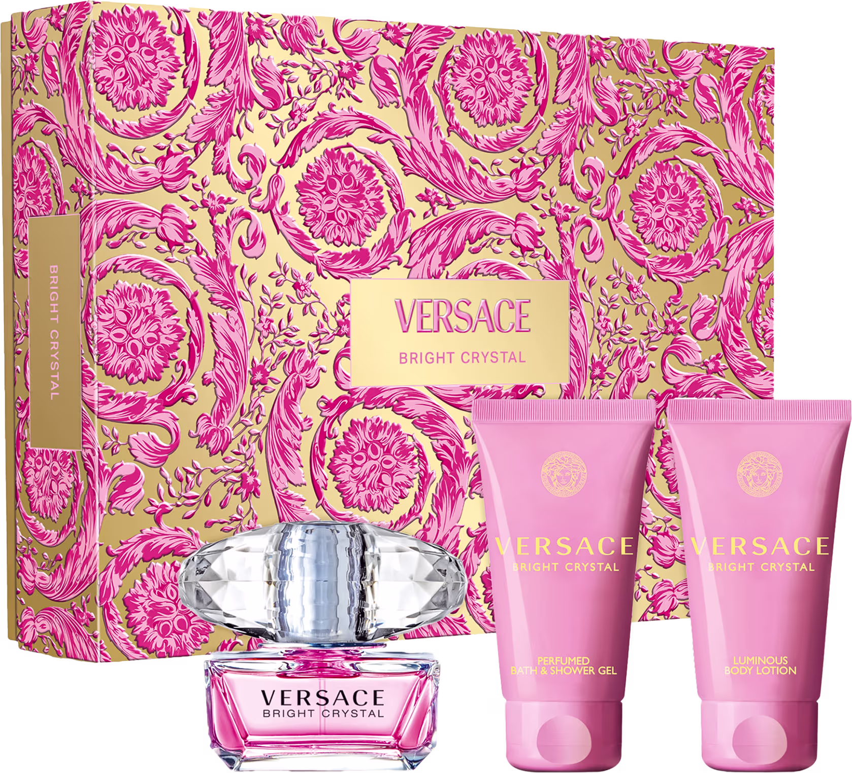 A imagem mostra um kit com o perfume Bright Crystal, shower gel e body lotion, da Versace. Ao fundo uma caixa com estampa floral.