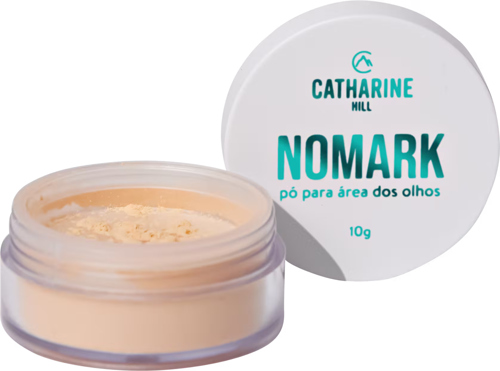 O produto é um pó para área dos olhos da marca Catharine Hill, chamado Nomark, em embalagem circular branca com logotipo e informações do produto em azul turquesa, com 10g