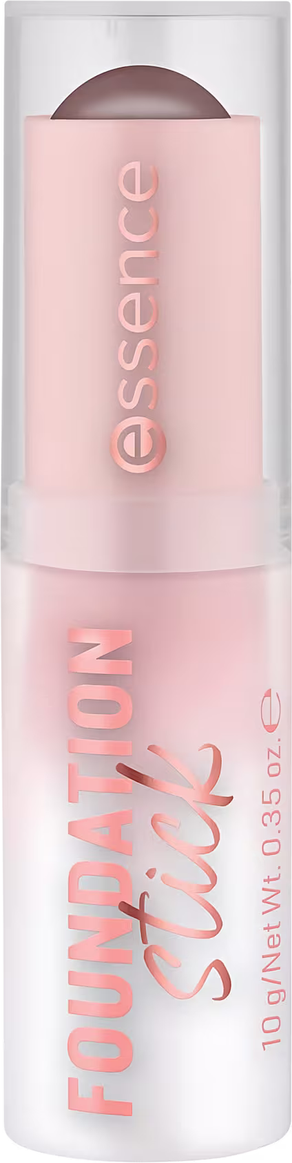 Bastão da marca Essence, com embalagem branca e rosa, exibindo o nome "Foundation Stick" em letras grandes. O produto possui formato cilíndrico