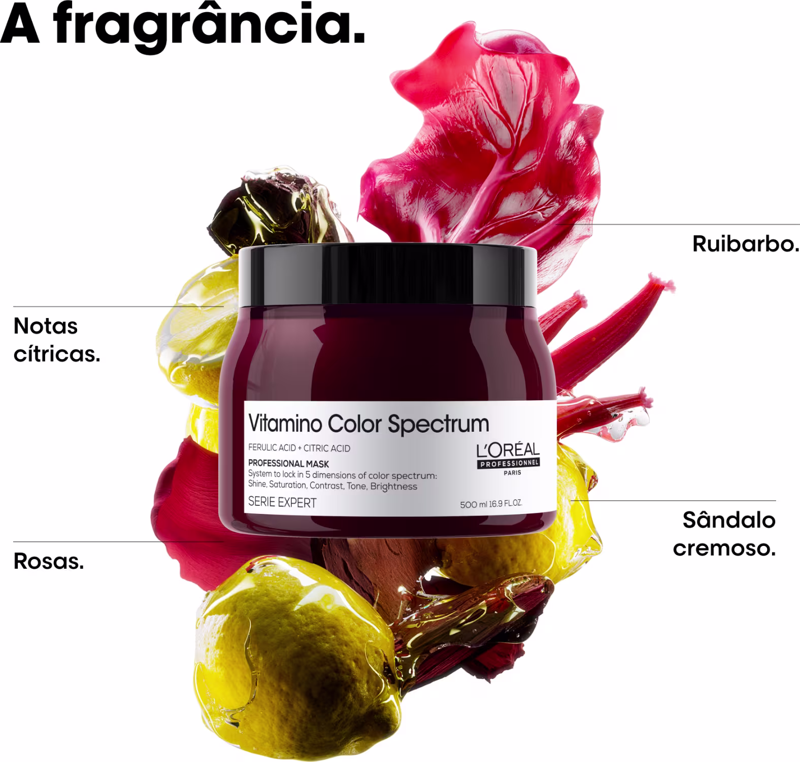 O produto apresentado é a máscara da linha Vitamino Color Spectrum da L'Oréal Professionnel. Destaca os ingredientes da fragrância: notas cítricas, rosas e sândalo cremoso.