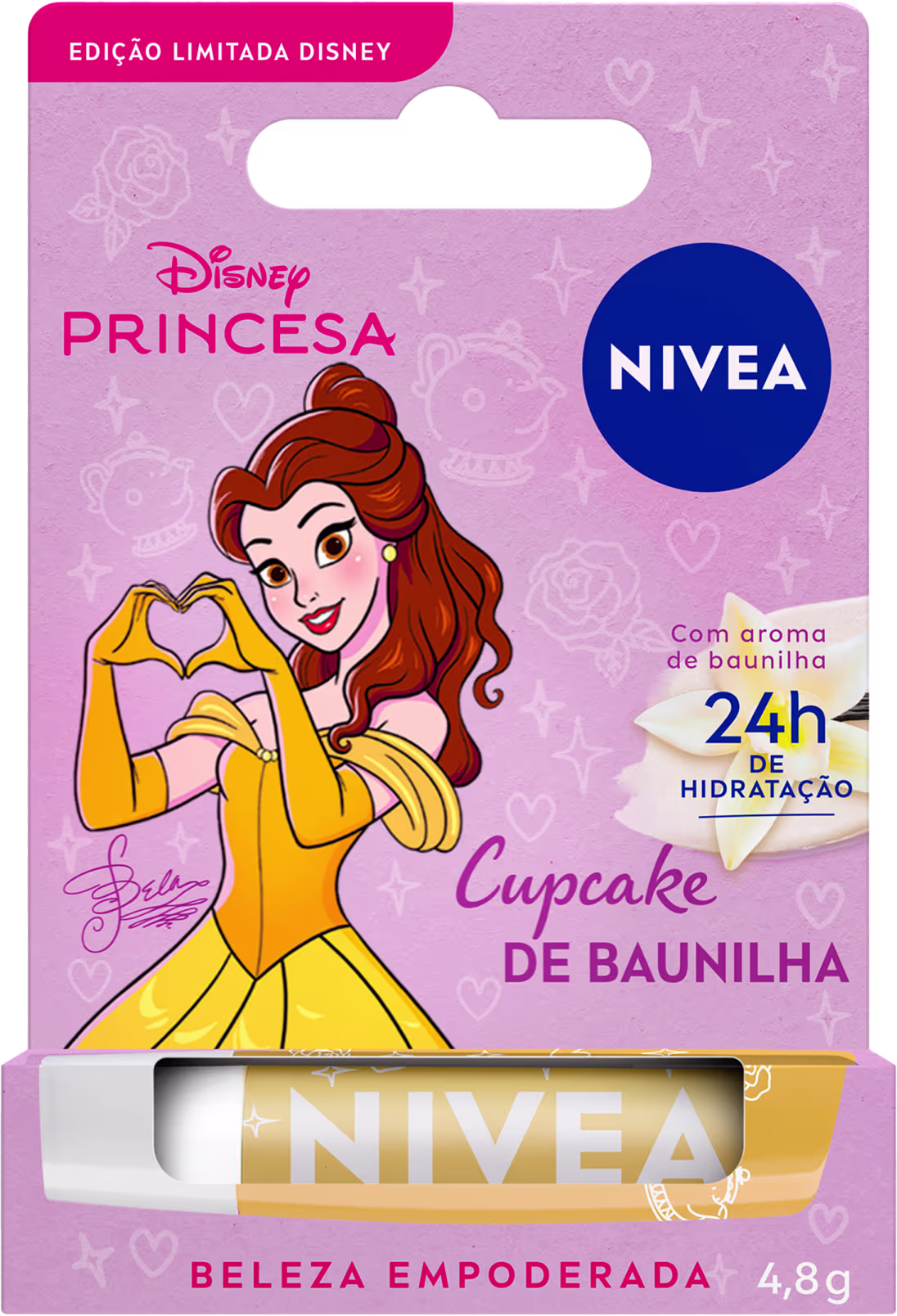 Hidratante Labial Disney Princesa Bela, da marca NIVEA.