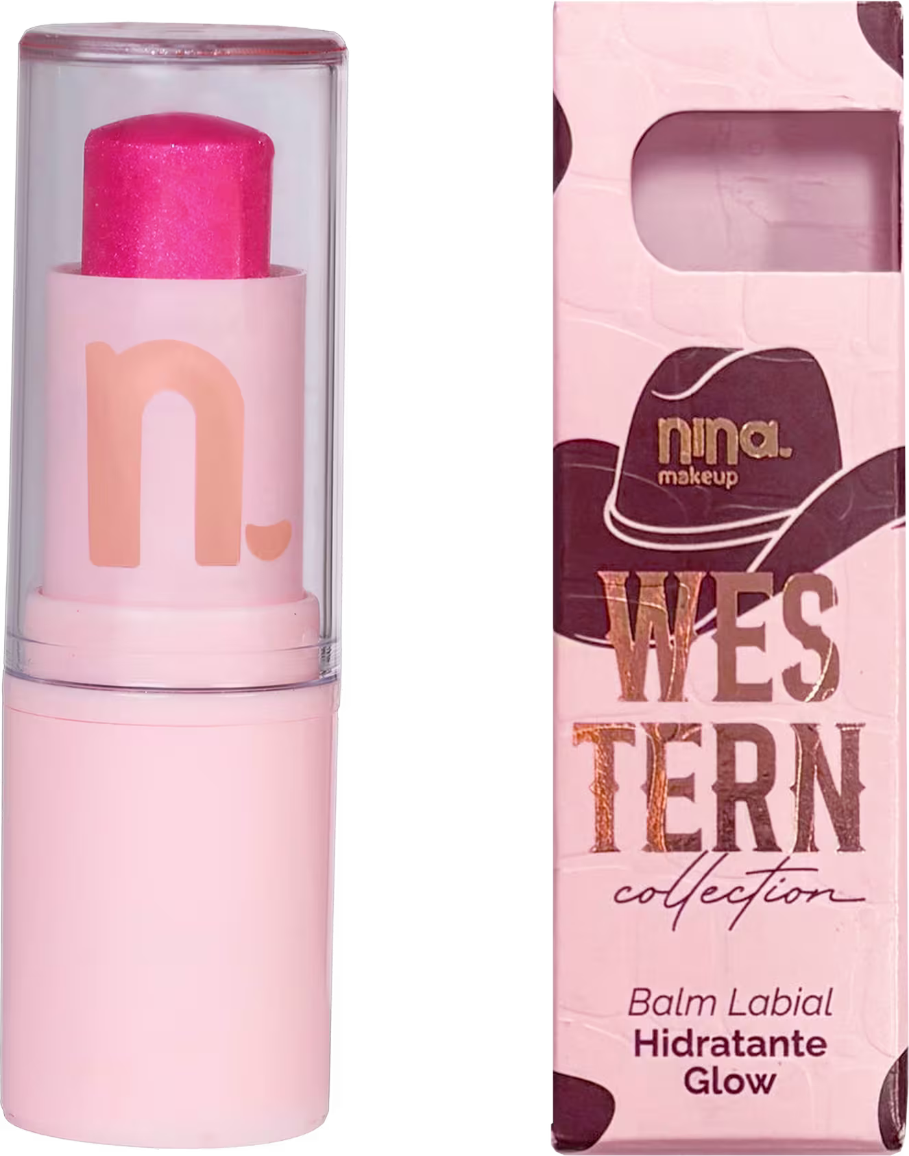 Bastão labial hidratante da coleção Western da marca Nina Makeup, em embalagem rosa com detalhes em marrom e dourado.