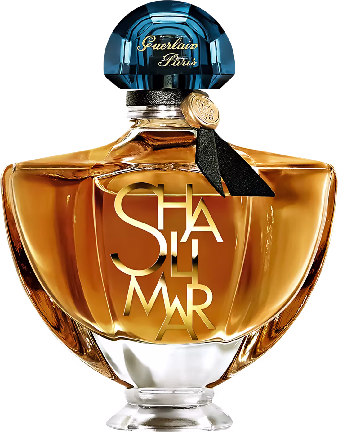 Frasco de perfume Guerlain Paris com tampa de cristal azul e rótulo dourado com a inscrição "Shalimar". Embalagem de vidro âmbar com design elegante e clássico.