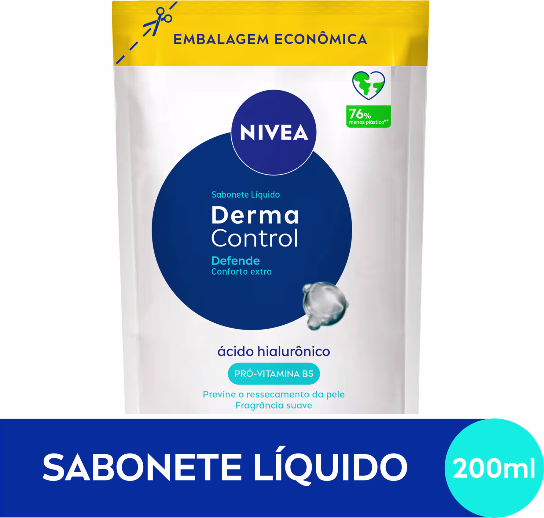 Sabonete líquido Nivea Derma Control em embalagem econômica de 200ml, com rótulo azul destacando os benefícios de hidratação e proteção da pele, com ingredientes como ácido hialurônico e pró-vitamina B5.