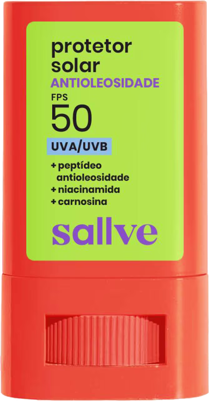 Protetor solar Sallve FPS 50 com antioleosidade, UVA/UVB, peptídeo antioléosidade, niacinamida e carnosina, em embalagem laranja e verde.