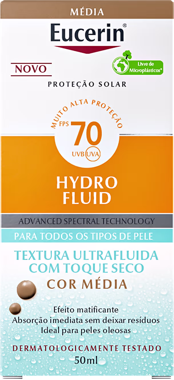 Protetor Solar Facial Eucerin Hydro Fluid FPS70 Cor Média, 50ml.