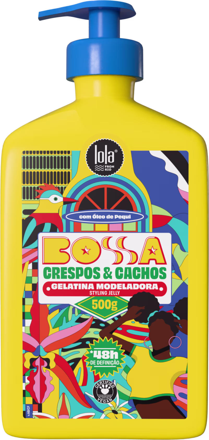 Frasco amarelo com bomba azul e rótulo colorido da marca Lola From Rio, contendo "Bossa Grespos & Cachos", uma gelatina modeladora para cabelos cacheados e ondulados.