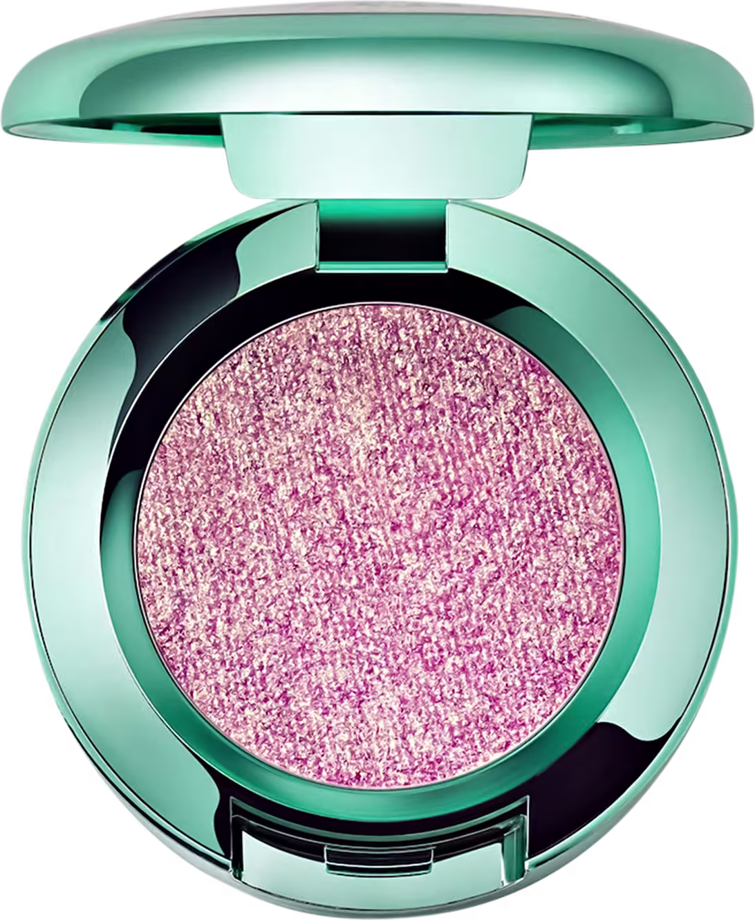 Sombra de olhos compacta da M·A·C em embalagem redonda de tom verde-menta, com acabamento brilhante em cor rosa-metálica.