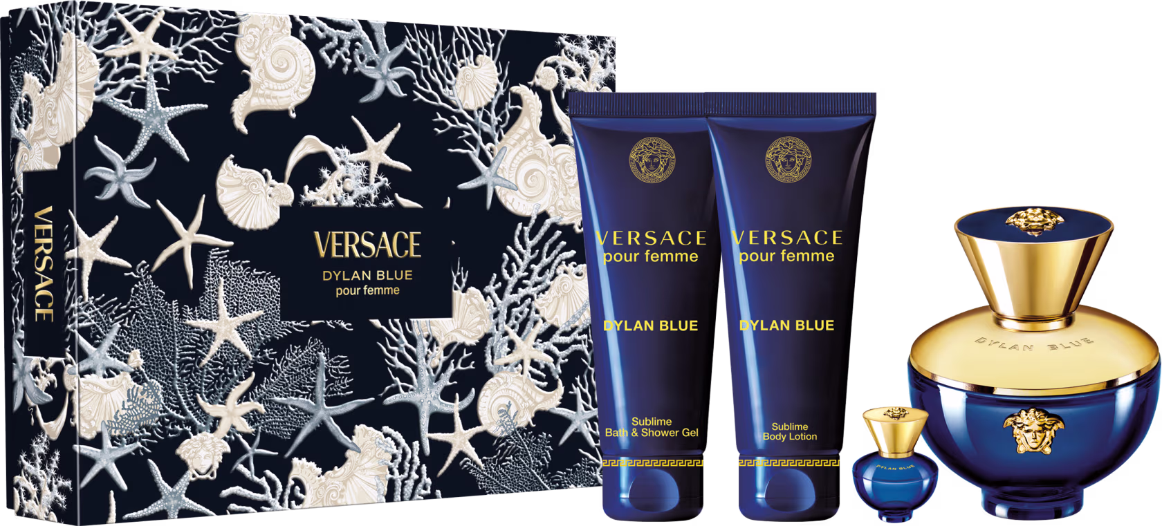 Conjunto Dylan Blue Pour Femme Versace Feminino Quarteto EDP com 4 Produtos