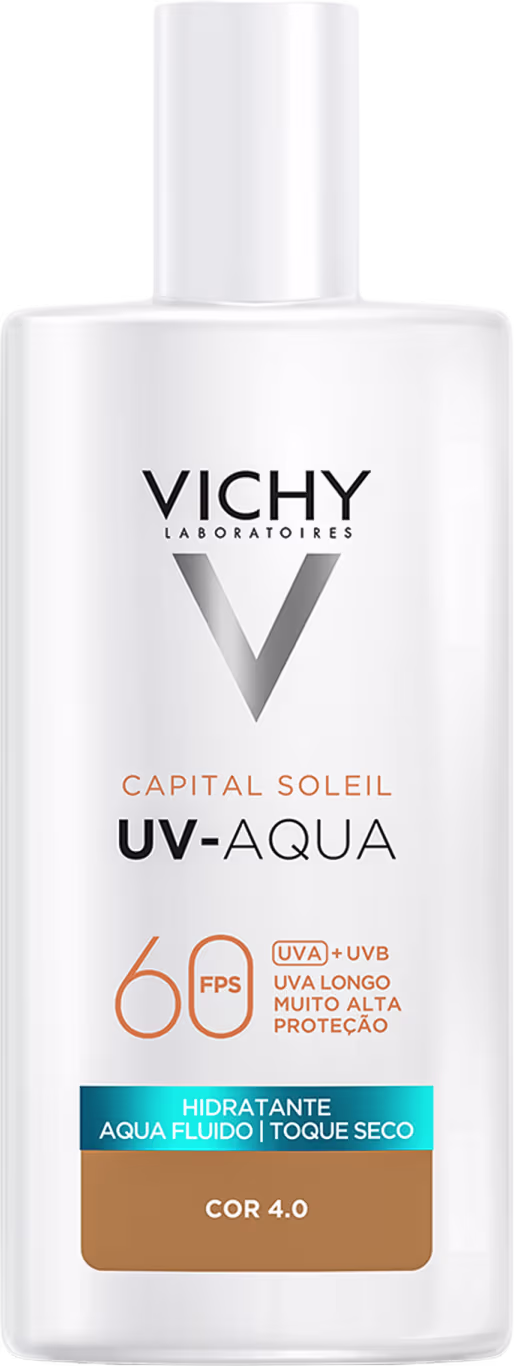 Frasco branco da linha Capital Soleil da Vichy, contendo protetor solar UV-Aqua com FPS 60, hidratante, de toque seco, na cor 4.0.