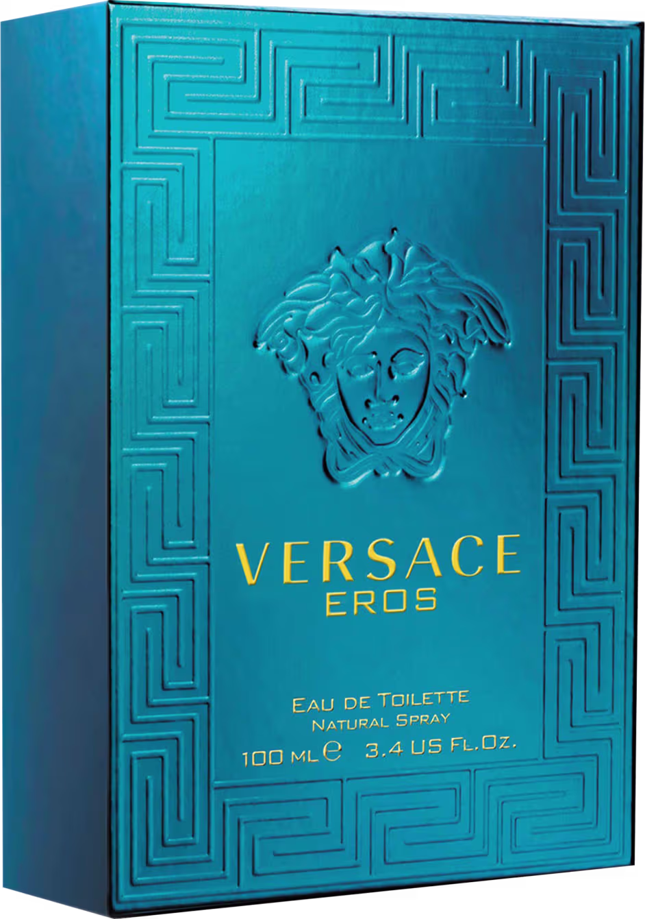 A imagem mostra a caixa azul do perfume Eros da Versace, de lado, com o desenho da medusa em alto relevo, o nome da marca abaixo, nome do perfume, concentração e volumetria.