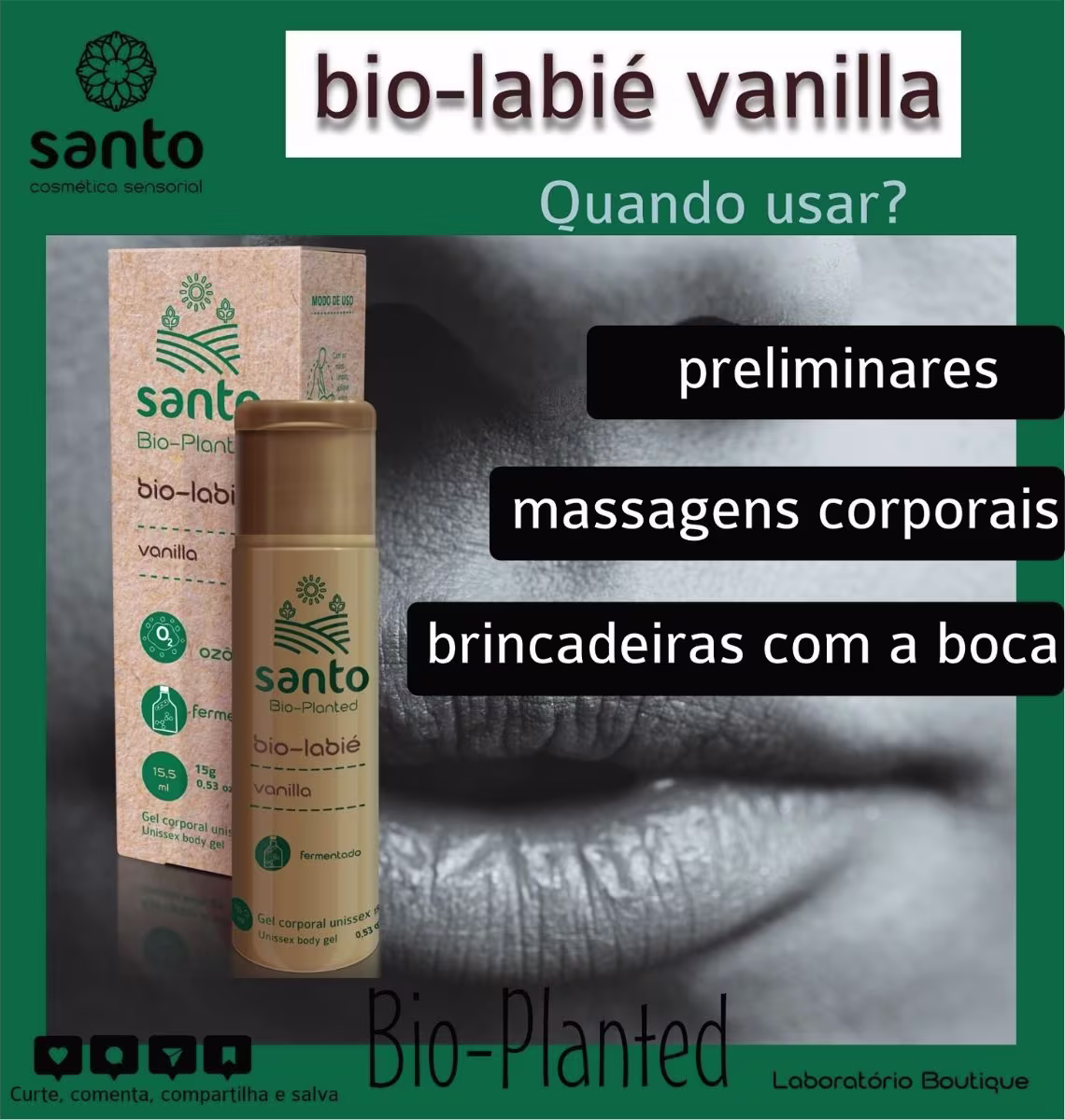 O texto indica que o produto pode ser usado em preliminares, massagens corporais, brincadeiras com a boca. Ao fundo há imagem de uma boca.