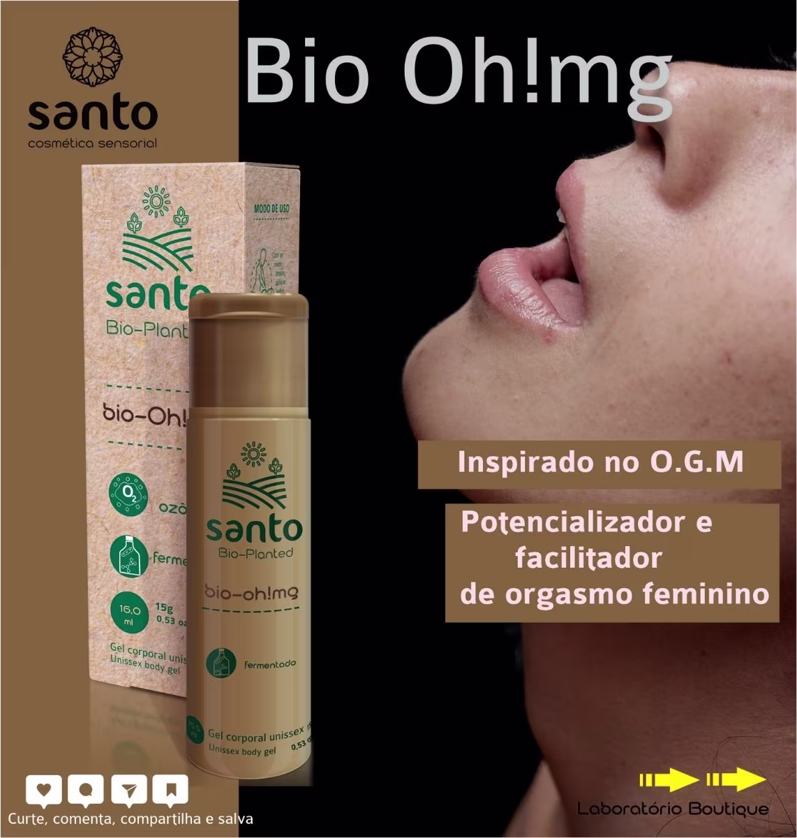 A imagem mostra o produto, ao lado texto destaca que o produto é "Inspirado no O.G.M", "Potencializador e facilitador de orgasmo feminino". Ao fundo é possível ver uma pessoa branca com a boca entreaberta e a cabeça inclinada para traz simbolizando prazer
