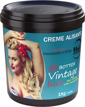 Creme alisante da marca Hair Extrattus em embalagem preta com rótulo azul, destacando os benefícios de hidratação e brilho para cabelos sem frizz.