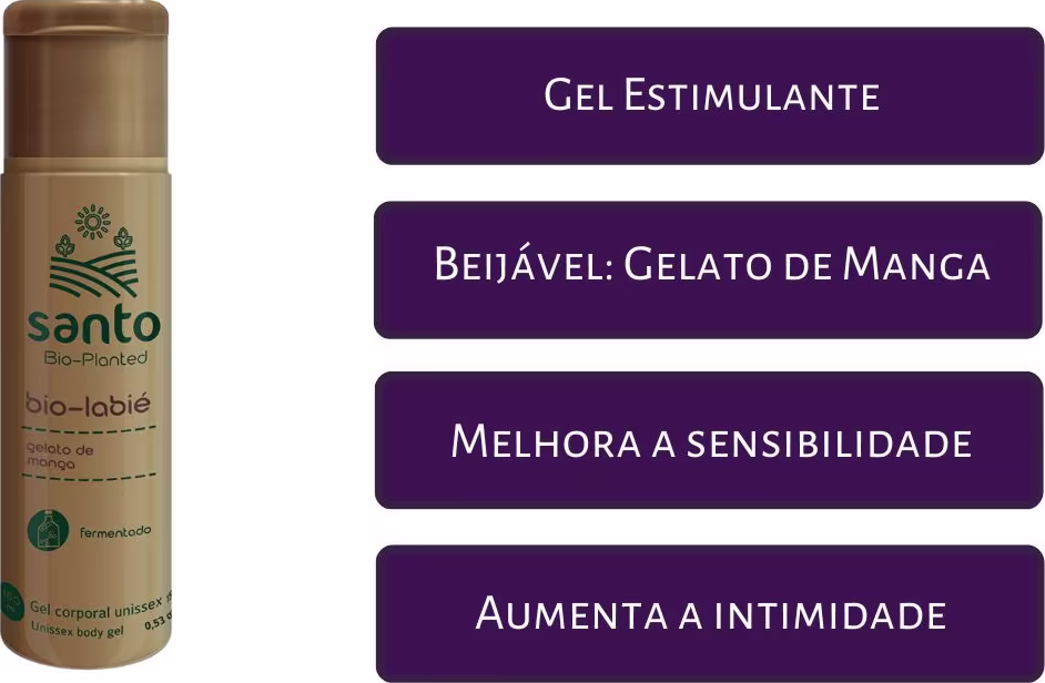 A imagem mostra o produto e ao lado há quatro linhas em caixas roxas com texto branco descrevendo os benefícios: "Gel Estimulante", "Beijável: Gelato de Manga", "Melhora a sensibilidade", "Aumenta a intimidade".
