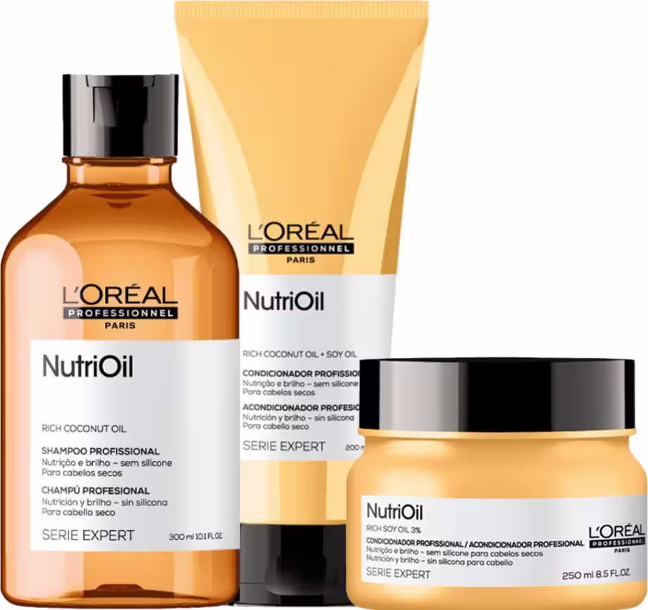 A imagem mostra um kit da linha NutriOil de L'Oréal, sendo um shampoo, um frasco tubular de condicionador e um pote redondo de máscara capilar. Todos possuem a cor amarela.