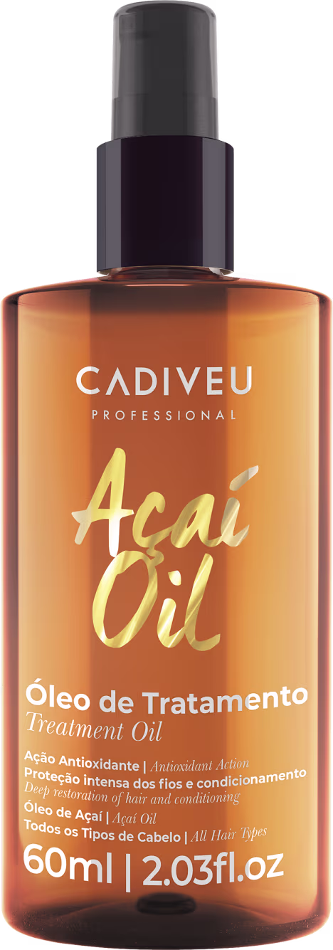 Frasco de óleo capilar Cadiveu Professional Açaí Oil, com 60ml, em embalagem de vidro âmbar com rótulo branco e laranja destacando o nome do produto e sua função.