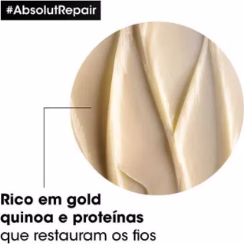 A imagem mostra uma amostra da máscara capilar e texto abaixo destaca: rico em gold quinoa e proteínas que restauram os fios.