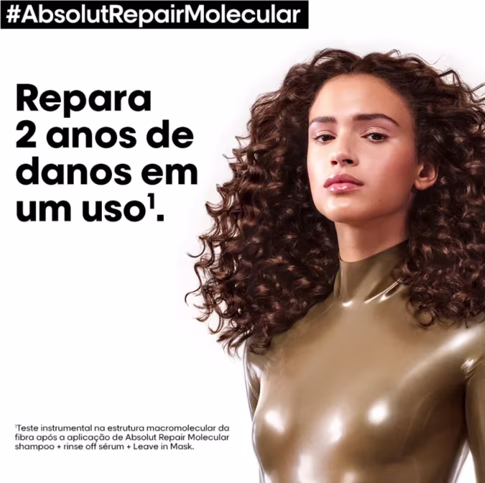 A imagem mostra uma mulher com longos cabelos cacheados e texto promocional que destaca: Repara 2 anos de danos em um uso.