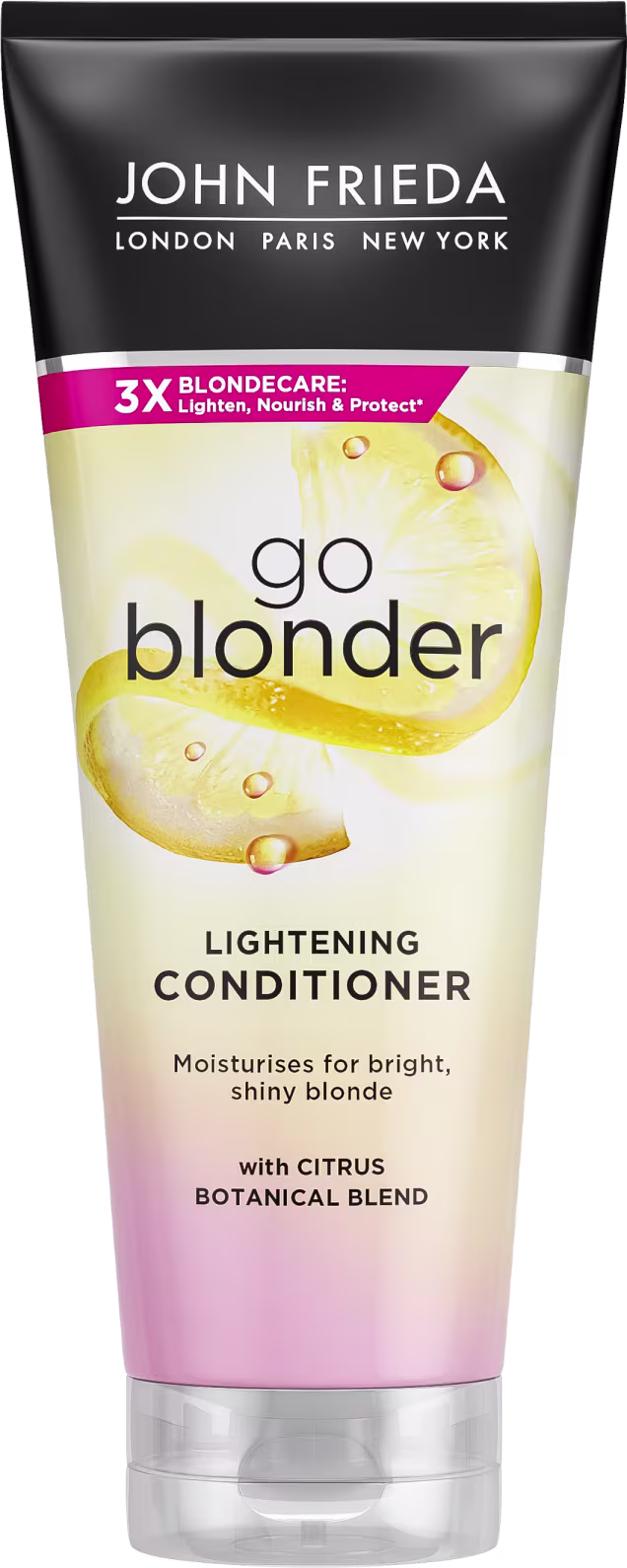 Embalagem plástica nas cores preta, amarela e rosa. Descrição indica que é um condicionador clareador e nutritivo para cabelos loiros naturais e brilhantes. Apresenta imagens de fatias de limão e gotas.