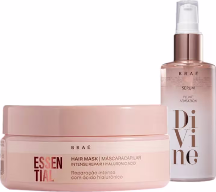 Embalagem de máscara capilar Essential da Braé, com frasco de sérum Divine da mesma marca, ambos com design moderno e cores neutras predominantes.