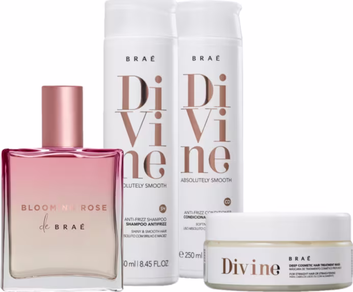 Conjunto de produtos da marca Braé, incluindo um frasco de perfume Blooming Rose, shampoom máscara e condicionador Divine.