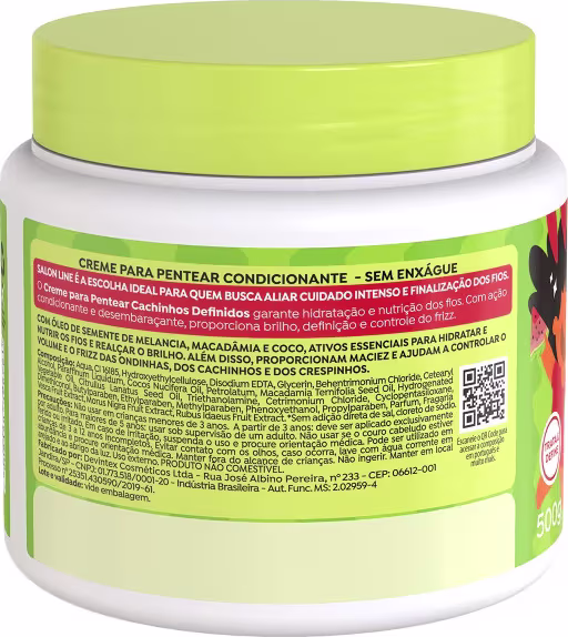 Verso da embalagem do Creme Para Pentear Melancia Kids Cachinhos Definidos 500g, da marca Salon Line, com informações gerais sobre o produto
