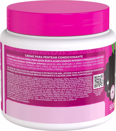 Verso da embalagem do Creme de Pentear Salon Line Definição Intensa 500g, com indicação de uso, ingredientes e informações sobre o produto e marca